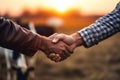 Farmers Handshake Against Backdrop Of Unfocused Agriculture With Cows, Closeup. Generative AI