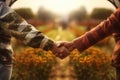 Farmers Handshake Against Backdrop Of Unfocused Farm With Bees, Closeup. Generative AI