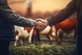 Farmers Handshake Against Backdrop Of Unfocused Farm With Cows, Closeup. Generative AI