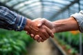 Farmers Handshake Against Backdrop Of Unfocused Greenhouse Farm, Closeup. Generative AI