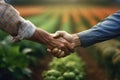 Farmers Handshake Against Backdrop Of Unfocused Vegetable Farm, Closeup. Generative AI