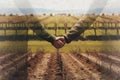 Farmers Handshake Against Backdrop Of Unfocused Walnut Tree Farm, Closeup. Generative AI