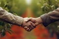 Farmers Handshake Against Backdrop Of Unfocused Walnut Tree Farm, Closeup. Generative AI