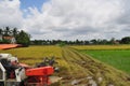 Farmers are harvesting rice in the golden field in spring, in western Vietnam September 2014