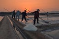 .Farmers harvesting salt on sunrise