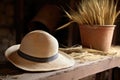 a farmers hat next to a potters wheel