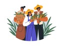 Farmers holding harvest. Farm workers with food crops, agriculture products, organic natural healthy vegetables, corn in