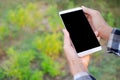 Farmers holding smartphone on green small tree blured Royalty Free Stock Photo