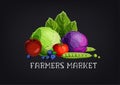 Farmers market banner with colorful fruits and vegetables and text on black chalkboard background.