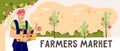 Farmers market banner or flyer with farmer presenting his harvest, cartoon vector.