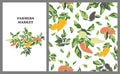 Farmers market banner and seamless pattern with colorful pepper plants