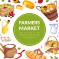 Farmers Market Banner Template, Poster with Healthy Organic Products Seamless Pattern Vector Illustration