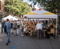 Farmers Market on a bright sunny day showing adults, children, dogs and vendors.