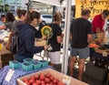 Farmers Market on a bright sunny day showing adults, children, dogs and vendors.