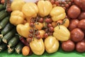 Farmers market counter with fresh organic vegetables closeup, heap of live vitamins, selectiv focus. Royalty Free Stock Photo