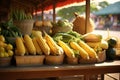 Farmers market display with piles of fresh corn Royalty Free Stock Photo