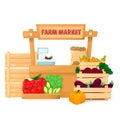 Farmers market.Eco organic Local shop. Selling fruit and vegetables. Produce stands.Cartoon style vector