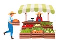 Farmers market flat vector illustration. Eco products, organic produce local store. Market stall with vegetables in wooden crates