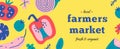 Farmers market flyer or web banner layout with hand drawn colorful vector illustrations with vegetables. Graphic design template