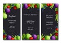 Farmers market flyers, brochure with bright fresh cabbage, peas, tomato, apples, and blueberries