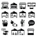 Farmers market, food market with fresh local produce icons set Royalty Free Stock Photo