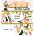 Farmers market and harvest fair banners or flyers set, flat cartoon vector illustration. Royalty Free Stock Photo