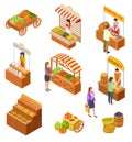 Farmers market isometric. People sell and buy traditional meal, vegetables and fruit on food marketplace with stalls 3d