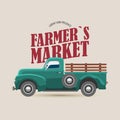 Farmers market logo with retro truck and typography vector illustration. Old truck side view. Fall season eco fresh Royalty Free Stock Photo