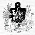 Farmers market, organic logo design, healthy food shop. Organic food set. Good nutrition. Hand drawn vector.