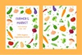 Farmers market poster and pattern designs with different organic and fresh local vegetables and herbs. Food festival flyer templat