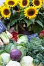 Farmers market stall Provence France vegetables and sunflowers. Royalty Free Stock Photo