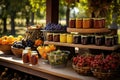 Farmers Market Stand With Variety Of Colorful Fruits, Vegetables, And Homemade Preserves. Generative AI