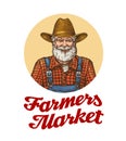 Farmers market vector logo or icon. Farmer in hat