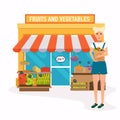 Farmers market. Woman holds paper bag with healthy foods. Flat