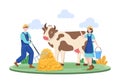 Farmers are Milking Cows to Produce or Obtain Milk with Views of Green Meadows or on Farms in an Illustration Flat Style