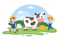 Farmers are Milking Cows to Produce or Obtain Milk with Views of Green Meadows or on Farms in an Illustration Flat Style