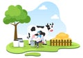 Farmers are Milking Cows to Produce or Obtain Milk with Views of Green Meadows or on Farms in an Illustration Flat Style