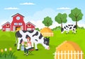 Farmers are Milking Cows to Produce or Obtain Milk with Views of Green Meadows or on Farms in an Illustration Flat Style