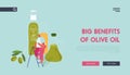 Farmers Natural Oil Product Website Landing Page. Tiny Male Character Stand on Ladder at Huge Extra Virgin Olive Oil