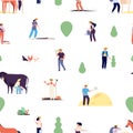Farmers pattern. Gardener team, agriculture or harvest time background. People on village with horse and cow, isolated