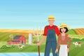 Farmers people and farm landscape, couple villagers characters standing together
