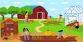 Farmers planting vegetables, happy people work together on local eco farm, vector illustration Royalty Free Stock Photo