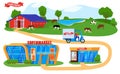 Farmers products supply chain vector illustration, cartoon courier on truck delivering farmer food to supermarket