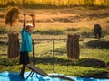 Farmers rice grain threshing during harvest time. Royalty Free Stock Photo