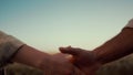 Farmers shake hands at golden harvest field closeup. Agribusiness partners deal. Royalty Free Stock Photo