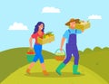 Farmers Smiling Carrying Vegetables in Box Vector