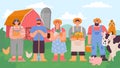 Farmers team. Cartoon agricultural man and woman with fresh product and farm animals. Rural landscape and agriculture workers Royalty Free Stock Photo