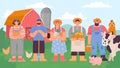 Farmers team. Cartoon agricultural man and woman with fresh product and farm animals. Rural landscape and agriculture Royalty Free Stock Photo