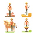 Farmers using agricultural tools. Set farmer vector illustration