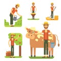 Farmers using agricultural tools. Set farmer vector illustration